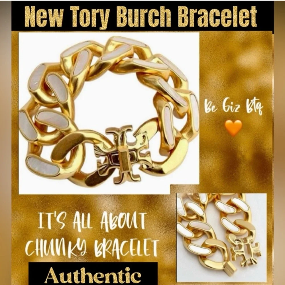 Tory Burch Authentic Roxanne Inlay Chunky Huge Gold & Mother Of Pearl Bracelet